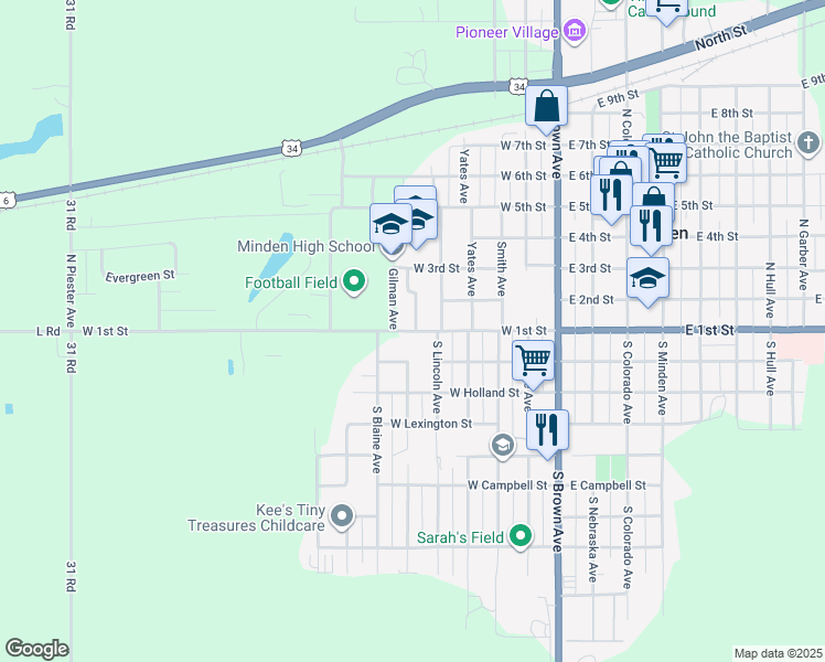 map of restaurants, bars, coffee shops, grocery stores, and more near 101 South Lincoln Avenue in Minden