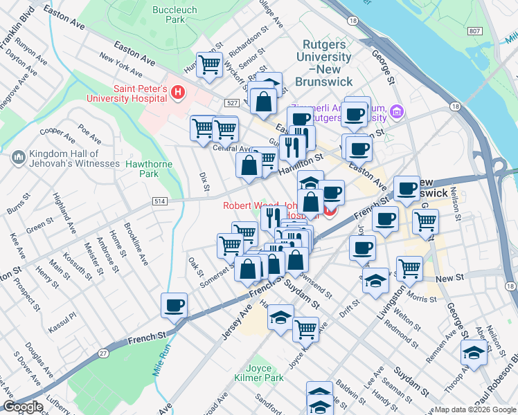 map of restaurants, bars, coffee shops, grocery stores, and more near 77 Harvey Street in New Brunswick