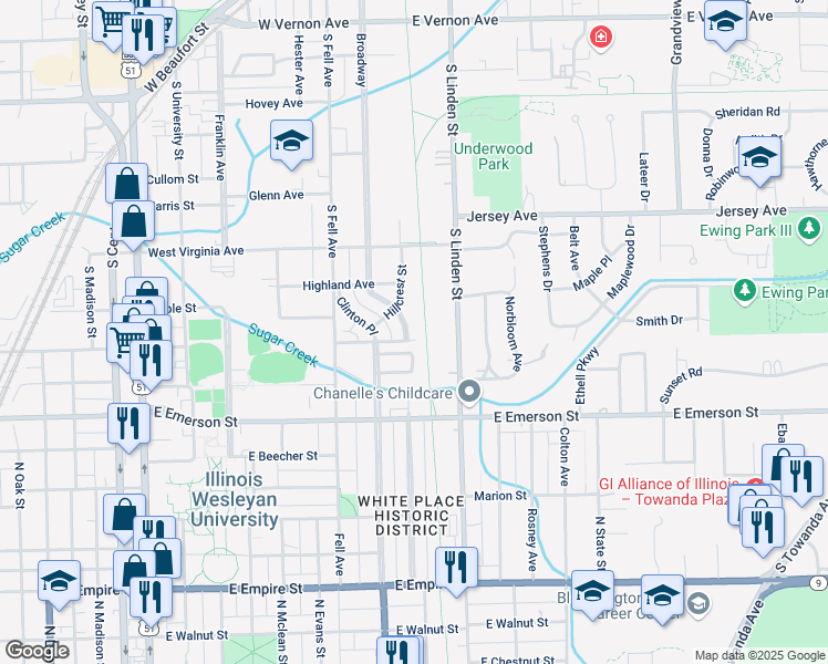 map of restaurants, bars, coffee shops, grocery stores, and more near 24 Broadway Place in Normal