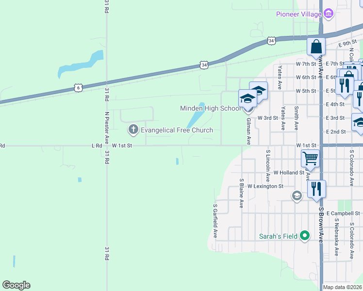 map of restaurants, bars, coffee shops, grocery stores, and more near 1163 West 1st Street in Minden