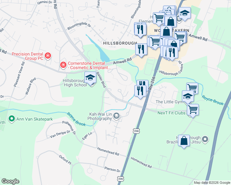 map of restaurants, bars, coffee shops, grocery stores, and more near 105 Crickhollow Court in Somerset County