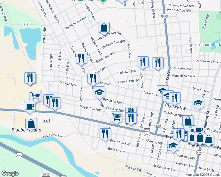 map of restaurants, bars, coffee shops, grocery stores, and more near 733 Ray Avenue Northwest in New Philadelphia