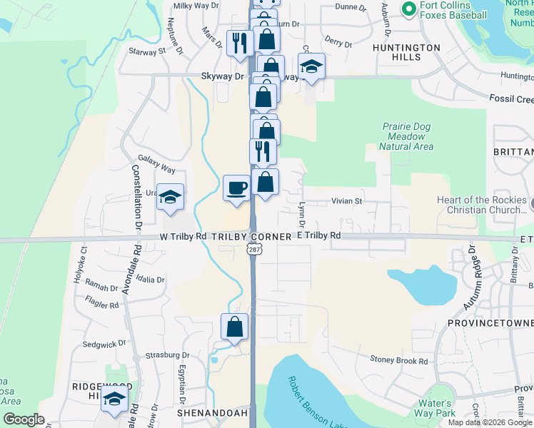 map of restaurants, bars, coffee shops, grocery stores, and more near 6520 South College Avenue in Fort Collins