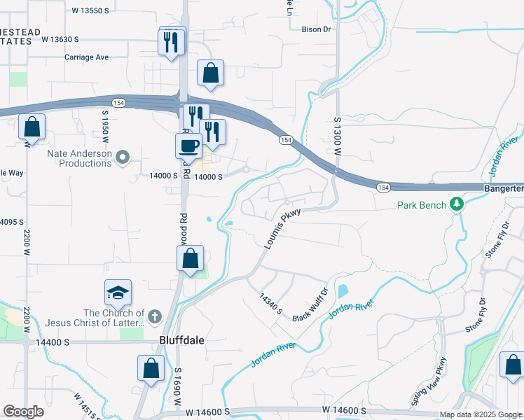 map of restaurants, bars, coffee shops, grocery stores, and more near 14072 South Julien Cove in Riverton