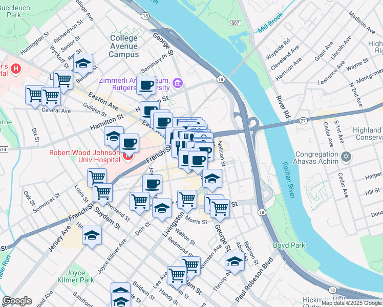 map of restaurants, bars, coffee shops, grocery stores, and more near 1 Spring Street in New Brunswick