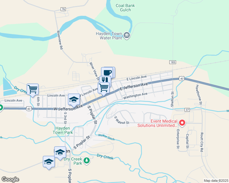 map of restaurants, bars, coffee shops, grocery stores, and more near 201 East Jefferson Avenue in Hayden