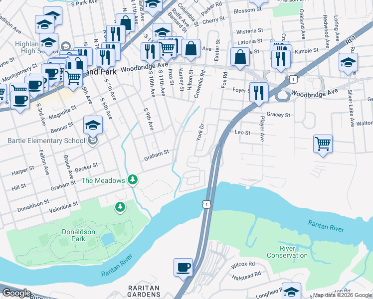 map of restaurants, bars, coffee shops, grocery stores, and more near 351 Crowells Road in Highland Park