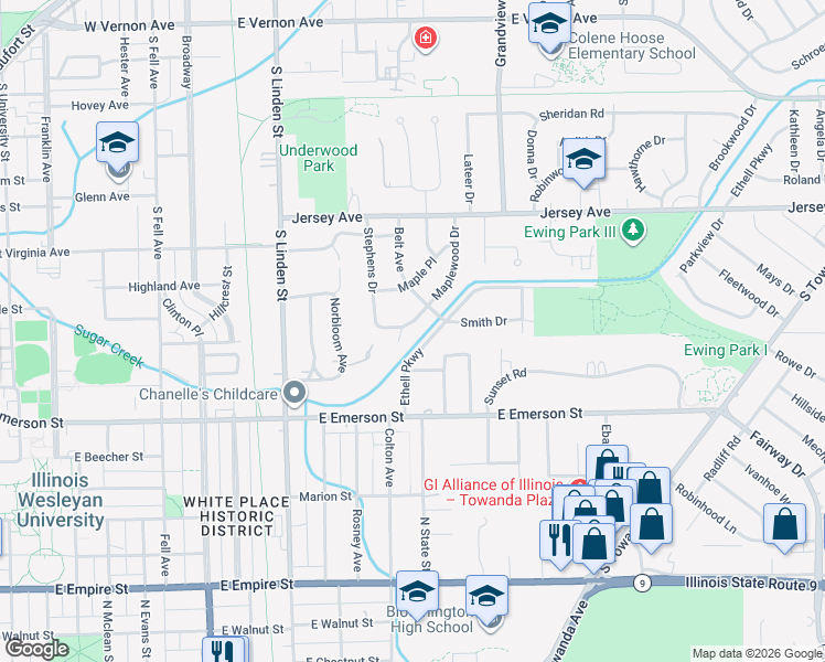 map of restaurants, bars, coffee shops, grocery stores, and more near 5 Boone Court in Normal