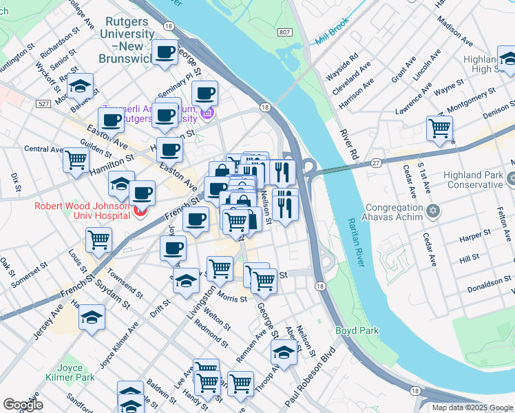 map of restaurants, bars, coffee shops, grocery stores, and more near 11 Bayard Street in New Brunswick