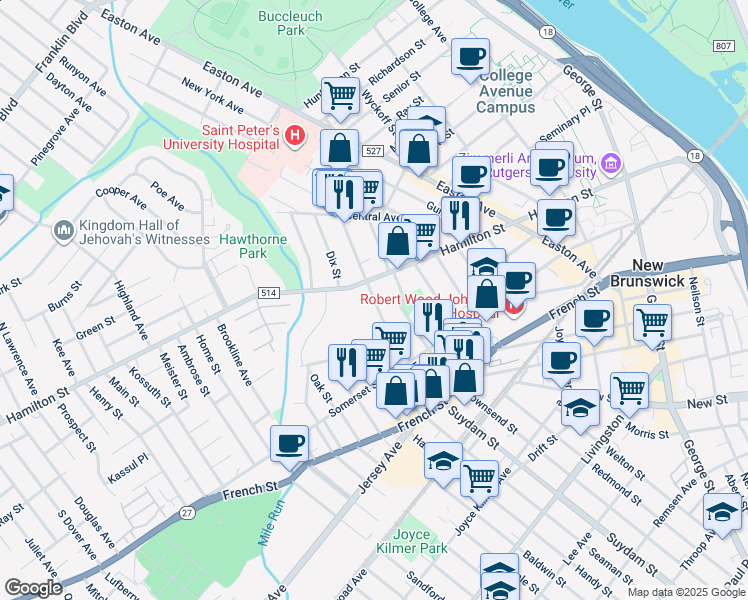 map of restaurants, bars, coffee shops, grocery stores, and more near 81 Louis Street in New Brunswick