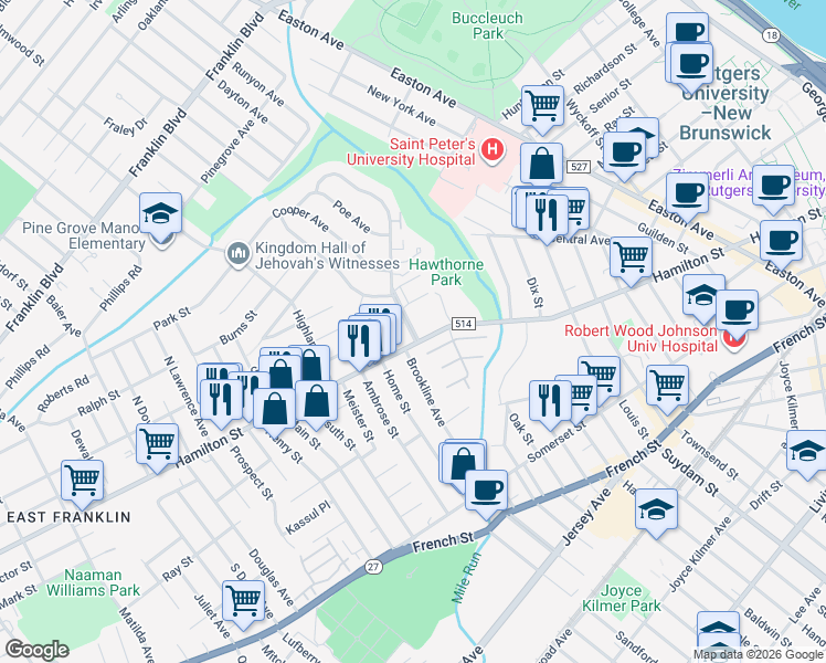 map of restaurants, bars, coffee shops, grocery stores, and more near in Franklin Township