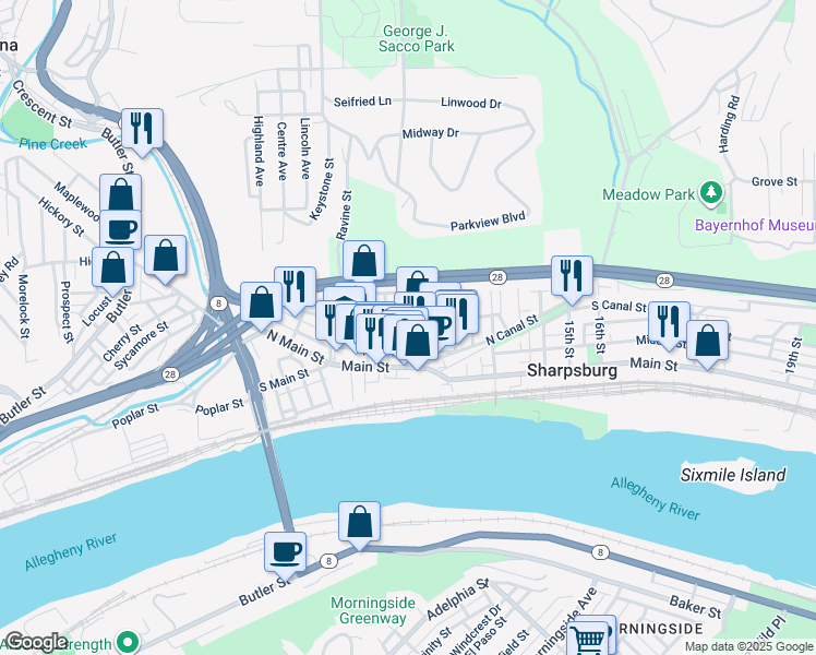 map of restaurants, bars, coffee shops, grocery stores, and more near 220 9th Street in Sharpsburg