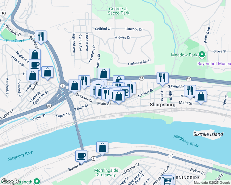 map of restaurants, bars, coffee shops, grocery stores, and more near 220 9th Street in Sharpsburg