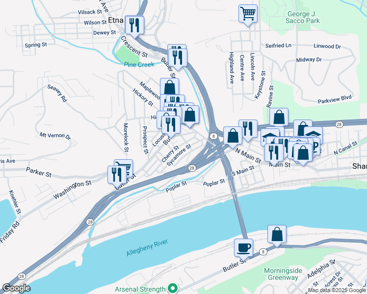 map of restaurants, bars, coffee shops, grocery stores, and more near 47 Sycamore Street in Etna