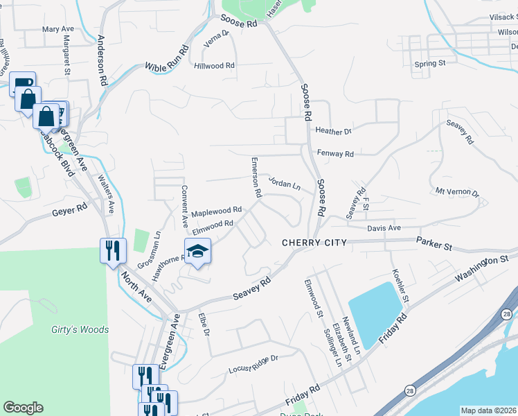 map of restaurants, bars, coffee shops, grocery stores, and more near 25 Oakwood Square in Pittsburgh