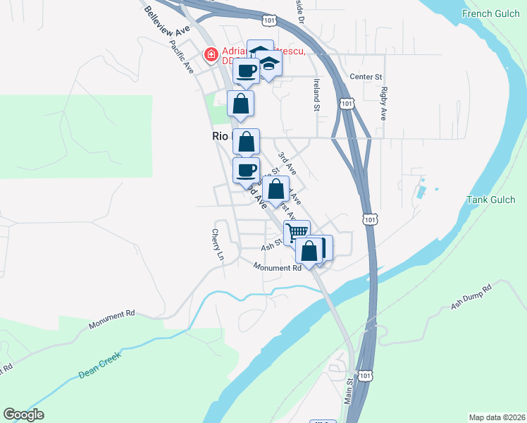 map of restaurants, bars, coffee shops, grocery stores, and more near 100-104 Cedar Street in Rio Dell