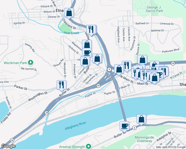map of restaurants, bars, coffee shops, grocery stores, and more near 47 Sycamore Street in Etna