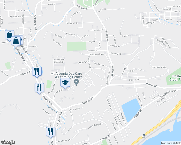 map of restaurants, bars, coffee shops, grocery stores, and more near 25 Oakwood Square in Pittsburgh