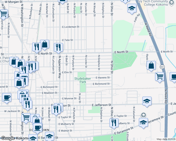 map of restaurants, bars, coffee shops, grocery stores, and more near 824 East Elm Street in Kokomo
