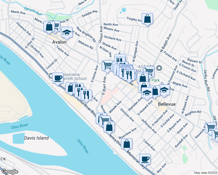 map of restaurants, bars, coffee shops, grocery stores, and more near 624 West Avenue in Pittsburgh