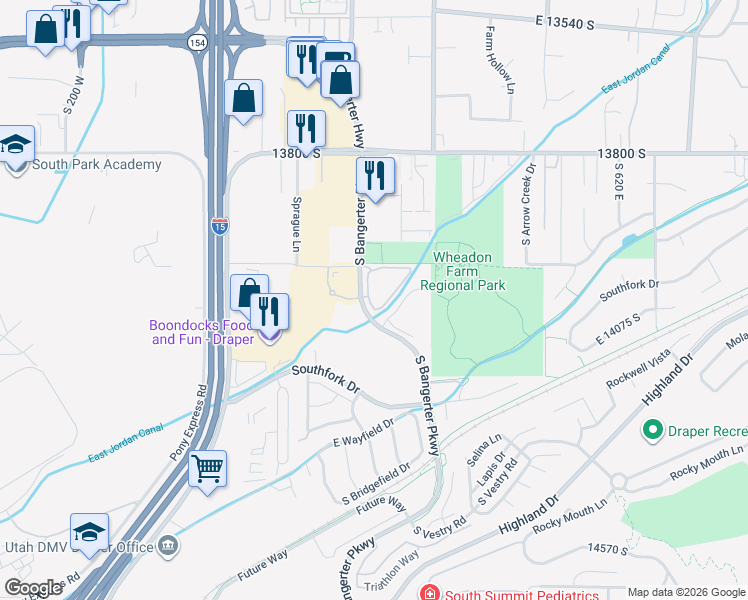 map of restaurants, bars, coffee shops, grocery stores, and more near 14075 South Bangerter Parkway in Draper