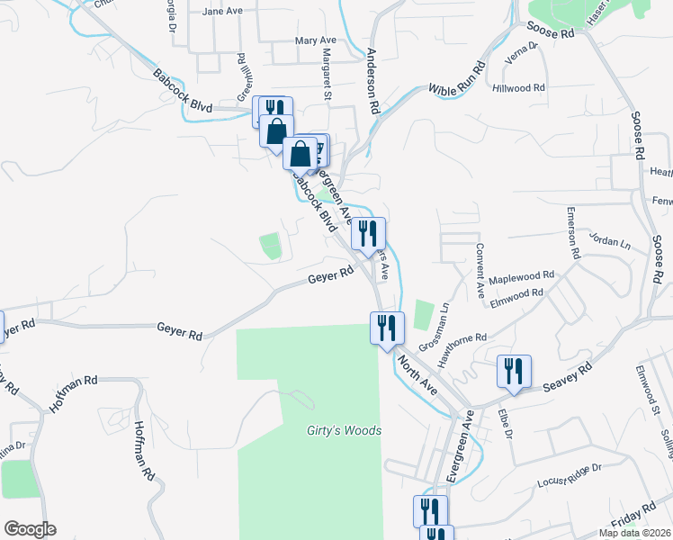 map of restaurants, bars, coffee shops, grocery stores, and more near 1036 Geyer Road in Pittsburgh