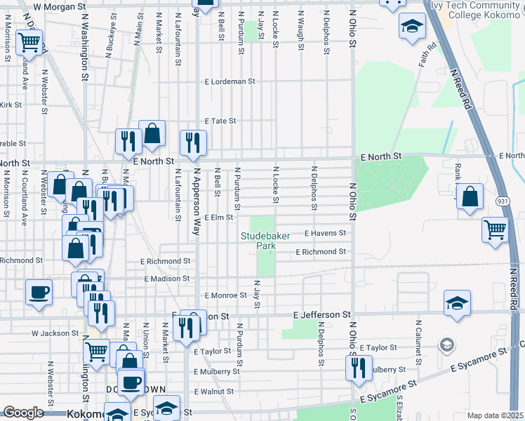 map of restaurants, bars, coffee shops, grocery stores, and more near 824 East Elm Street in Kokomo