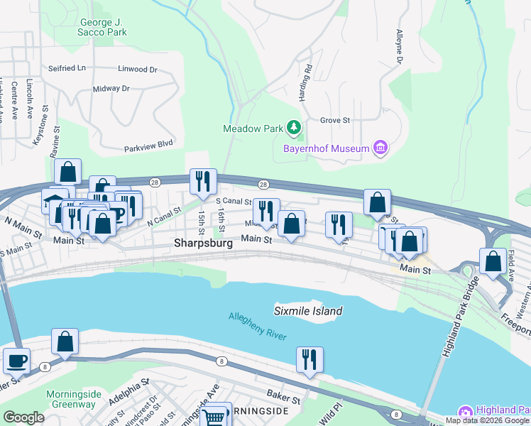 map of restaurants, bars, coffee shops, grocery stores, and more near 1708 Middle Street in Pittsburgh