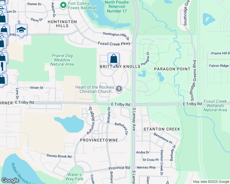map of restaurants, bars, coffee shops, grocery stores, and more near 6560 Westbourn Circle in Fort Collins