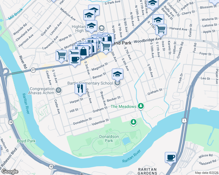 map of restaurants, bars, coffee shops, grocery stores, and more near  in Highland Park