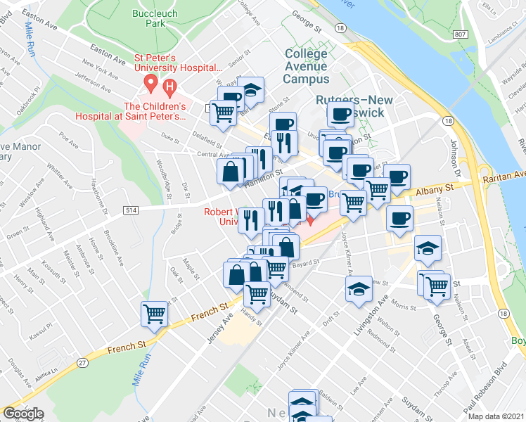 map of restaurants, bars, coffee shops, grocery stores, and more near 43 Plum Street in New Brunswick