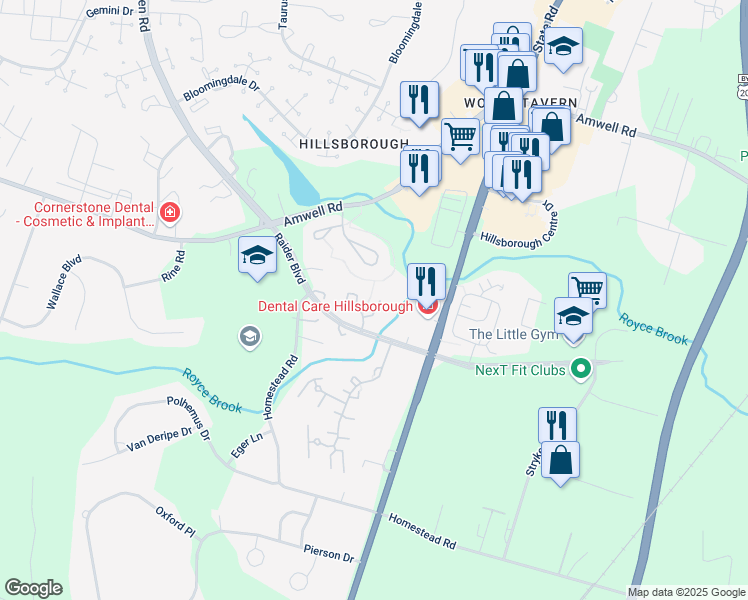 map of restaurants, bars, coffee shops, grocery stores, and more near 19 Chetwood Court in Somerset County