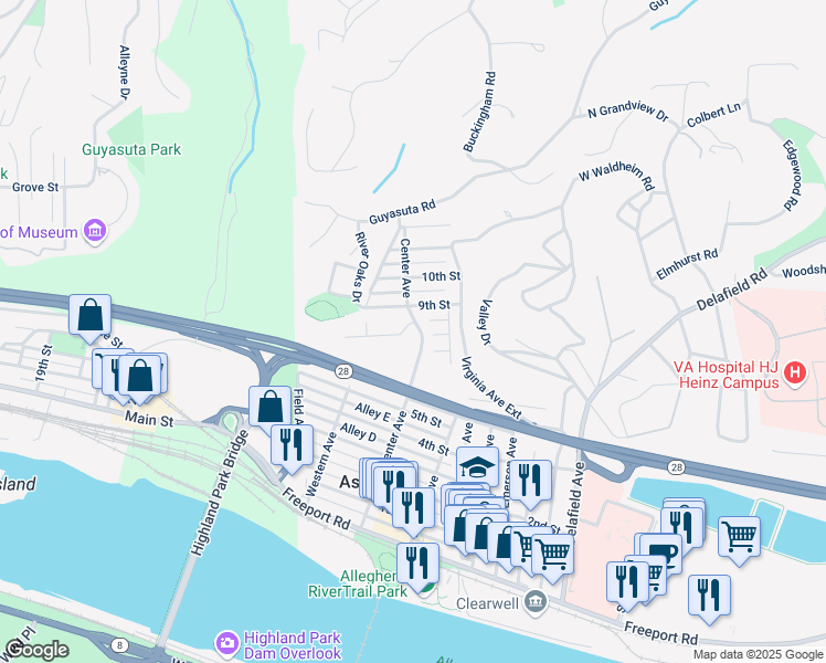 map of restaurants, bars, coffee shops, grocery stores, and more near 705 Center Avenue in Aspinwall