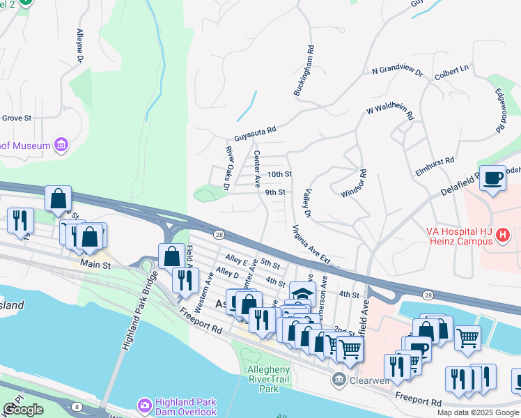 map of restaurants, bars, coffee shops, grocery stores, and more near 705 Center Avenue in Aspinwall