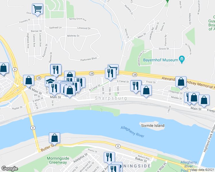 map of restaurants, bars, coffee shops, grocery stores, and more near 214 14th Street in Pittsburgh