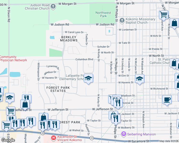 map of restaurants, bars, coffee shops, grocery stores, and more near 1651 West Elm Street in Kokomo