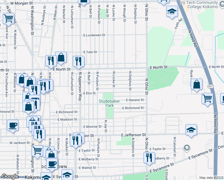 map of restaurants, bars, coffee shops, grocery stores, and more near 824 East Elm Street in Kokomo