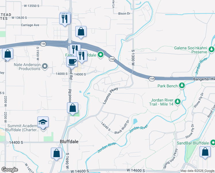 map of restaurants, bars, coffee shops, grocery stores, and more near 14083 South Rutherford Avenue in Riverton