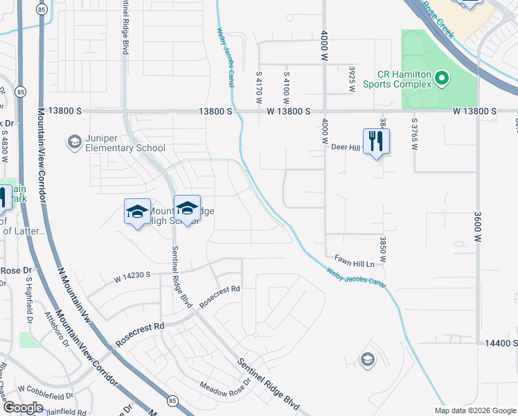map of restaurants, bars, coffee shops, grocery stores, and more near 14052 South Watchmen Way in Herriman