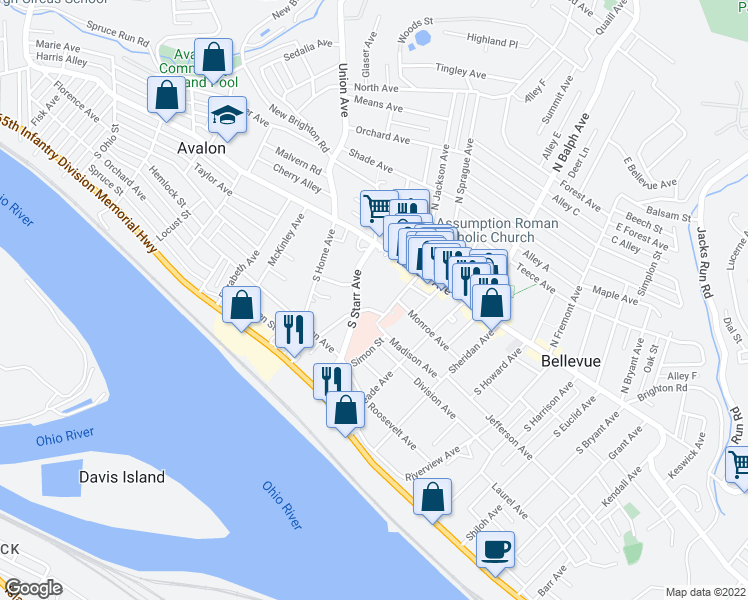 map of restaurants, bars, coffee shops, grocery stores, and more near 49 South Jackson Avenue in Pittsburgh