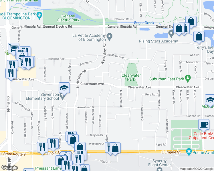 map of restaurants, bars, coffee shops, grocery stores, and more near 2607 Clearwater Avenue in Bloomington