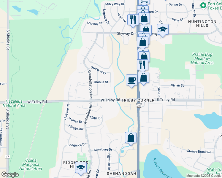 map of restaurants, bars, coffee shops, grocery stores, and more near 6513 Solar Court in Fort Collins