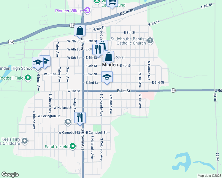map of restaurants, bars, coffee shops, grocery stores, and more near 123 North Minden Avenue in Minden