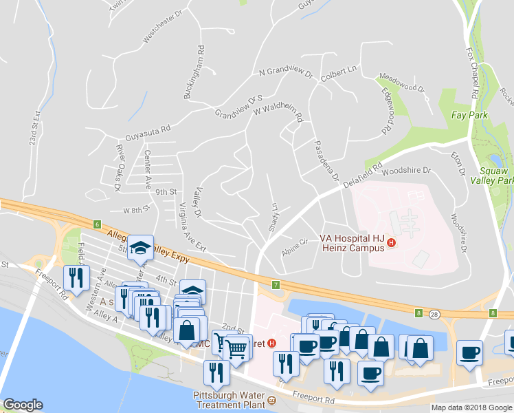 map of restaurants, bars, coffee shops, grocery stores, and more near West St in Pittsburgh