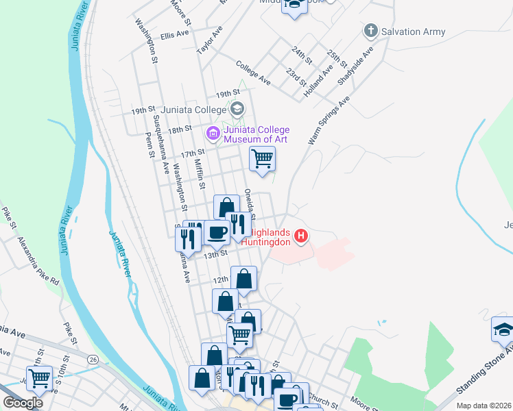 map of restaurants, bars, coffee shops, grocery stores, and more near 523 14th Street in Huntingdon