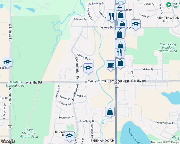 map of restaurants, bars, coffee shops, grocery stores, and more near 6508 South Lunar Court in Fort Collins
