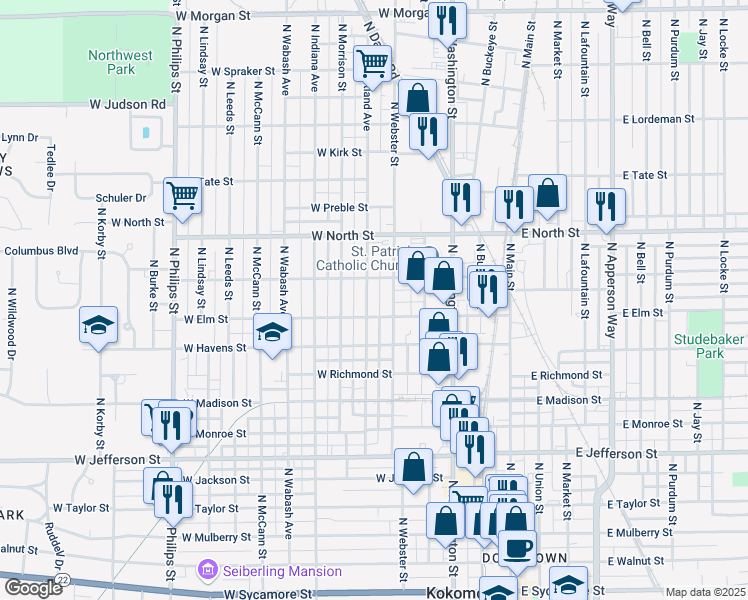map of restaurants, bars, coffee shops, grocery stores, and more near 1109 North Courtland Avenue in Kokomo