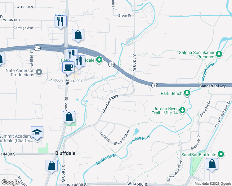 map of restaurants, bars, coffee shops, grocery stores, and more near 14070 1300 West in Riverton