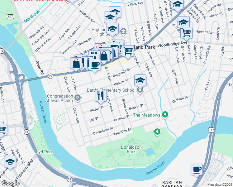 map of restaurants, bars, coffee shops, grocery stores, and more near 256 South 3rd Avenue in Highland Park