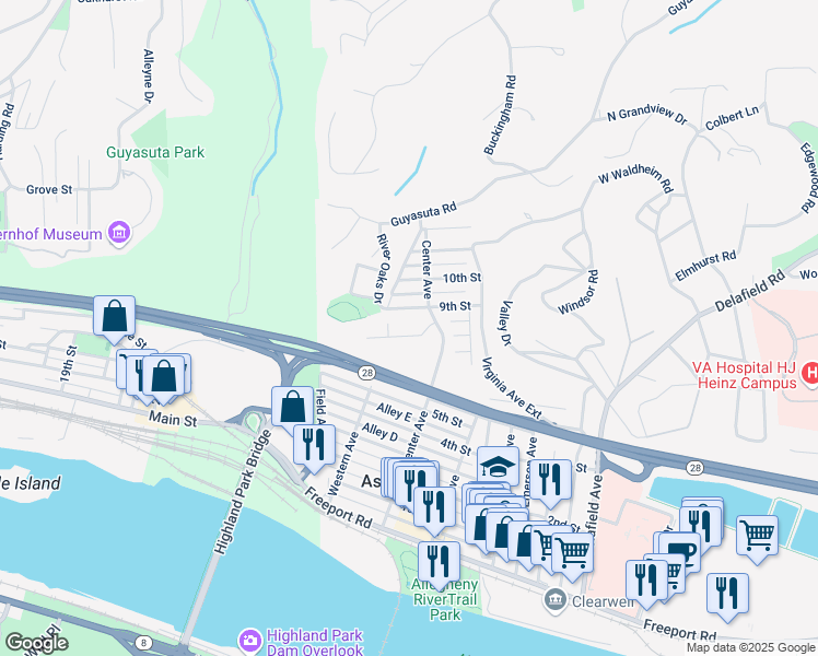 map of restaurants, bars, coffee shops, grocery stores, and more near 118 West 8th Street in Aspinwall